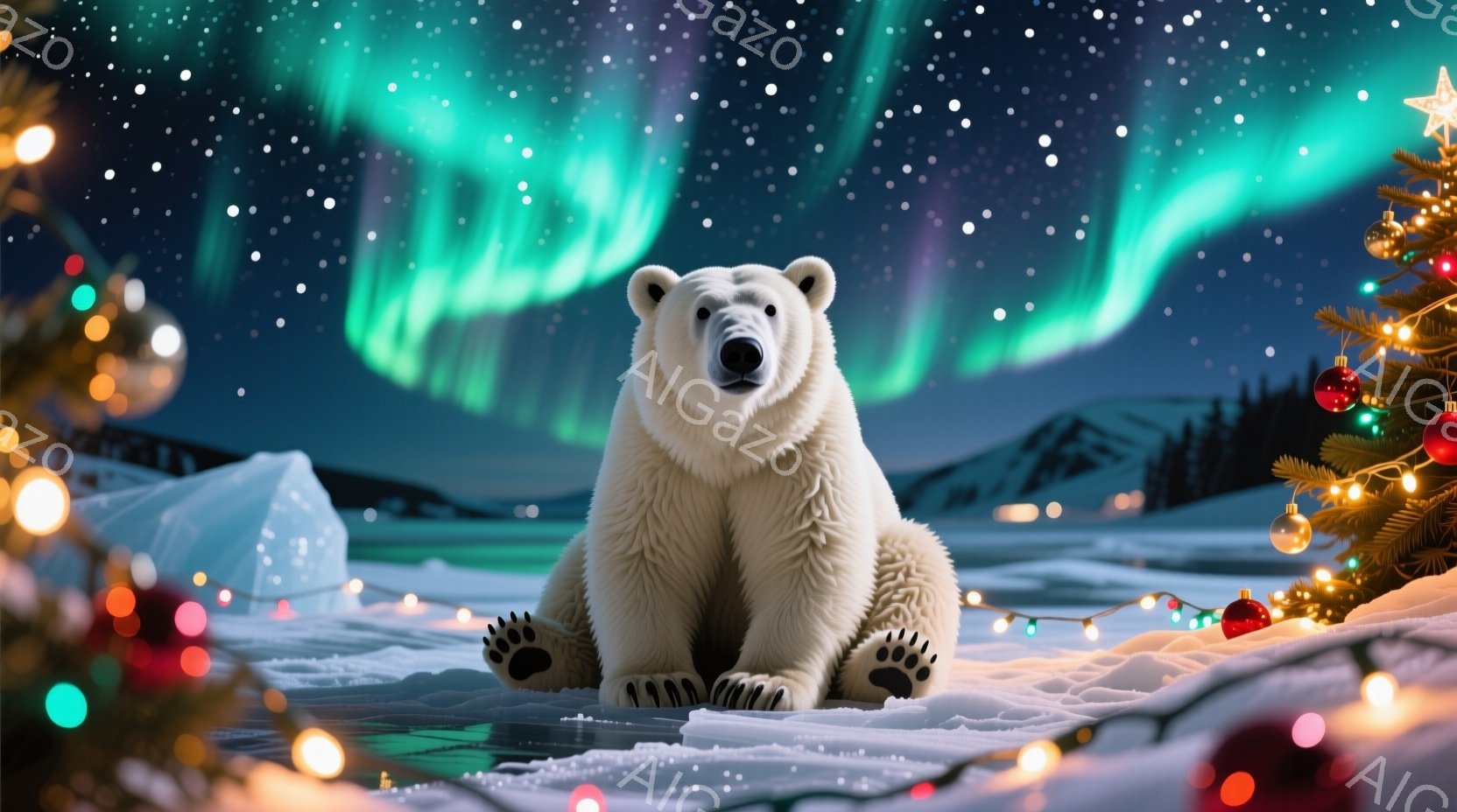 白いホッキョクグマが雪の上に座っており、正面を見て穏やかな表情をしています。背景には、オーロラが輝き、雪に覆われた山々とクリスマスの飾り付けられた木が配置され、幻想的で温かい雰囲気を作り出しています。全体的に、冬の夜の穏やかさと祝祭の喜びが表現された美しい光景です。