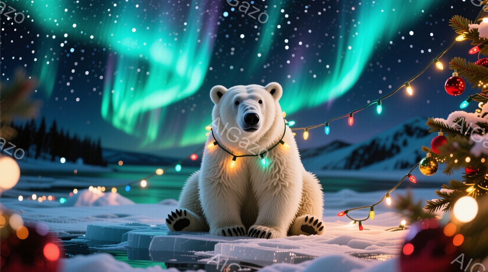 白いホッキョクグマが氷の上に座っており、首にカラフルなクリスマスライトのガーランドを巻いています。背景には、オーロラが輝き、遠くには雪に覆われた山々が見え、冬の幻想的な雰囲気を醸し出しています。クリスマスの飾り付けがされたクリスマスツリーが右側に配置され、暖かくお祝いのムードをさらに高めています。
