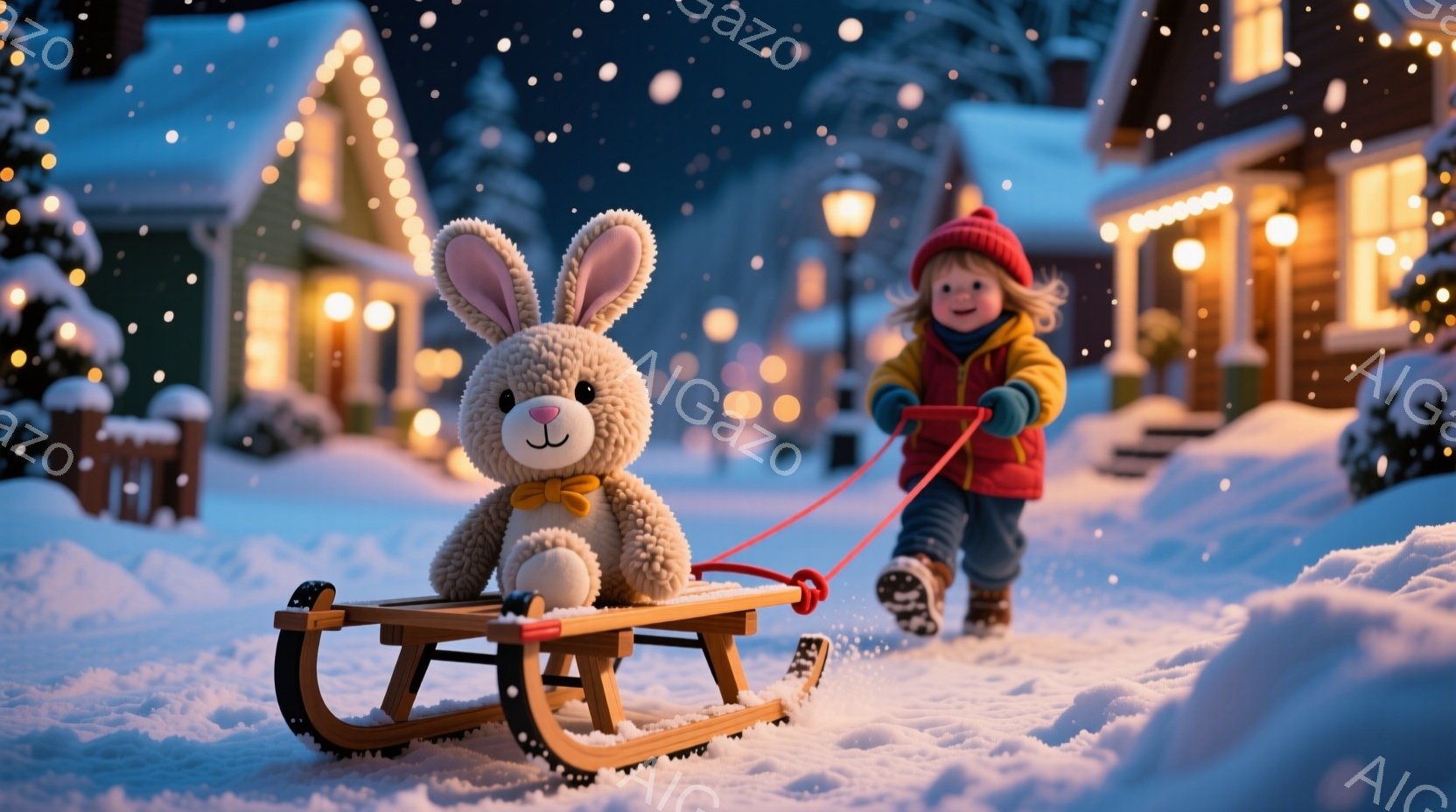 雪が降り積もる夜、小さな女の子がそりに乗ったぬいぐるみのようなウサギを引っ張って進んでいます。女の子は赤い帽子と黄色のジャケットを着ており、髪は少しカールしています。背景には温かい光が灯る家々が並び、 - AI生成フリー素材