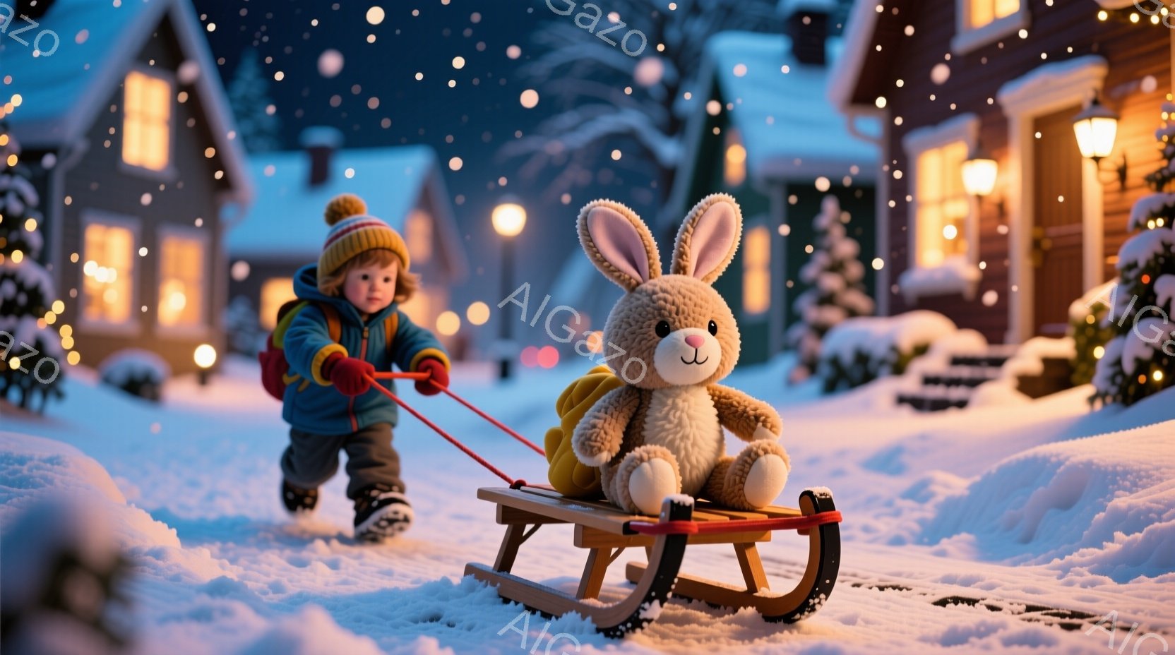 雪が降る夜、少年がソリを引いています。彼はニット帽と赤い手袋、厚いコートを着ており、楽しそうな表情をしています。背景には温かい光を灯した家々が並び、雪景色の中で幻想的な雰囲気が漂っています。 - AI生成フリー素材