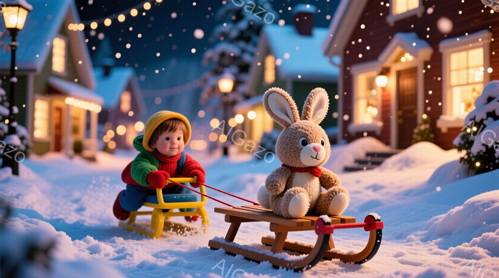 雪景色の中で、幼い少年が大きなぬいぐるみのウサギをソリで引いています。少年は緑色のジャケットと黄色の帽子をかぶり、頬を赤らめて楽しそうにソリを引いています。背景には温かい光が灯る家々が並び、雪が降り積 - AI生成フリー素材