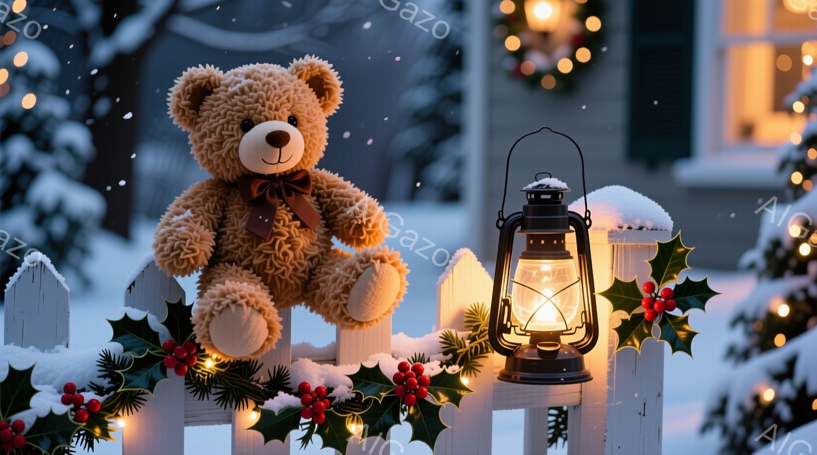 白い木製の柵に、茶色のふわふわのテディベアが座っており、赤いリボンが首に巻かれています。背景には、クリスマス装飾が施された家屋があり、雪が降る冬の夜を思わせます。暖色のランタンが柵に掛けられ、温かく、 - AI生成フリー素材
