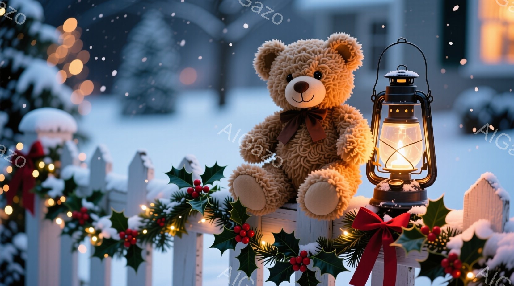 白い木製の柵に、茶色のテディベアが座っており、赤いリボンが首に巻かれています。背景には雪景色が広がり、クリスマスの装飾が施された柵と、ぼんやりと見える家屋があります。暖かい光を放つランタンがテディベア - AI生成フリー素材