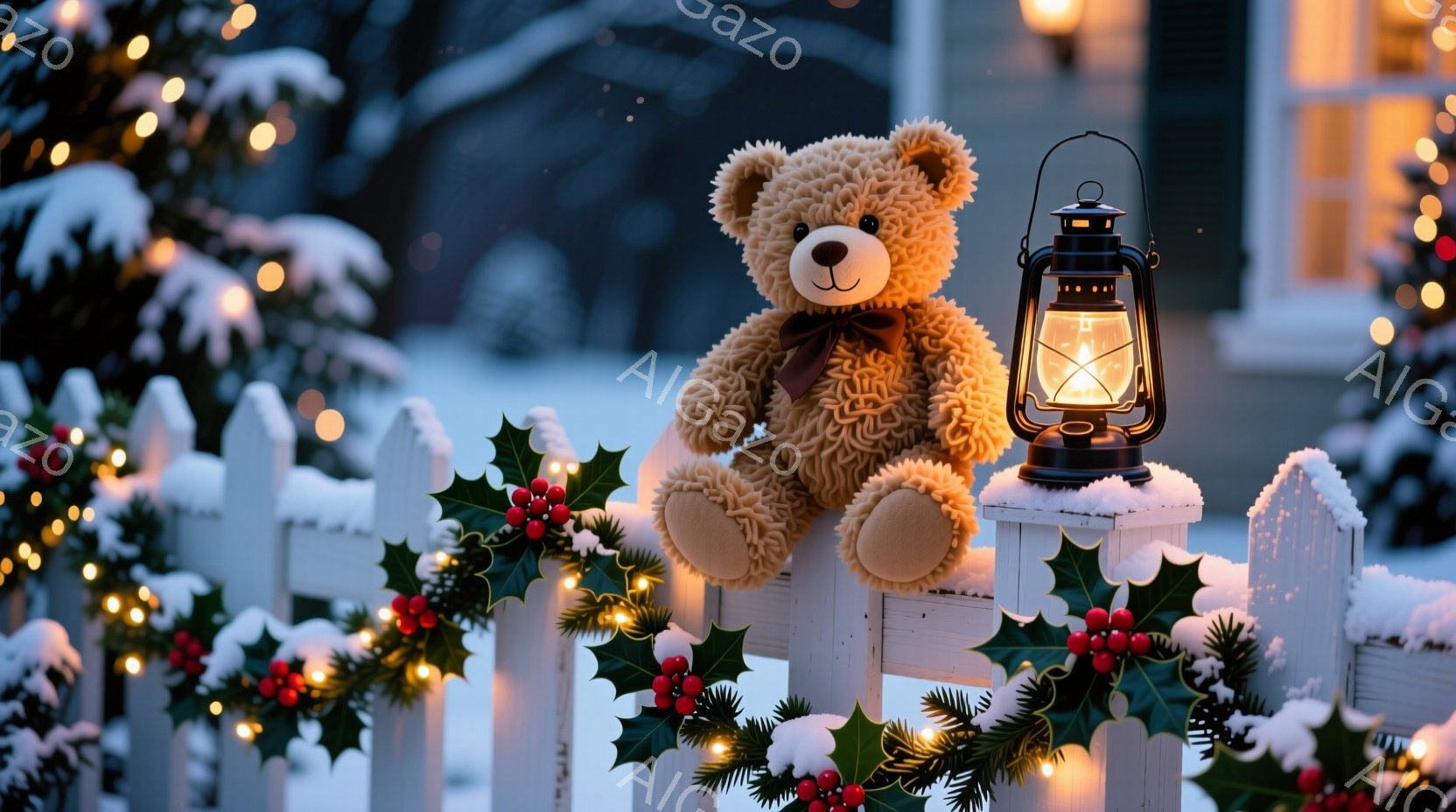 白い木製の柵に、茶色のテディベアが座っており、赤いリボンで首を飾っています。背景には、雪に覆われた木々や、温かい光を放つ家が見え、クリスマスらしい飾り付けが施された柵がテディベアを囲んでいます。全体的 - AI生成フリー素材