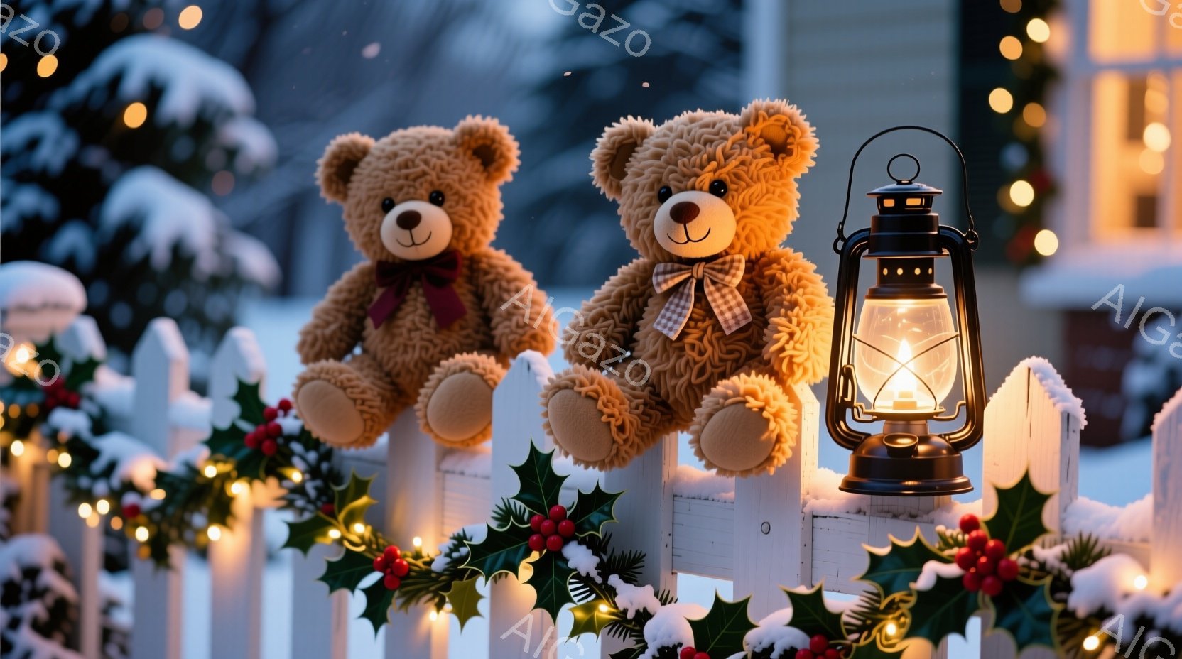 白い柵の上に2匹のテディベアが座っており、それぞれ異なるリボンを結んでいます。背景には雪が積もった木々と、クリスマスの飾り付けが施されたフェンス、そしてぼんやりとした光を放つランタンが見えます。全体的 - AI生成フリー素材