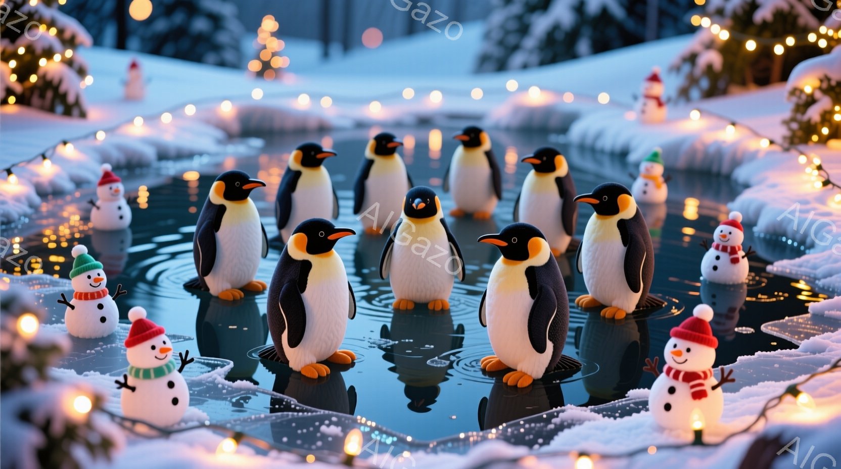 凍った池の上に、たくさんのペンギンたちが整列して立っています。周りには雪で覆われた木々と、クリスマスの飾り付けが施された雪だるまが点在し、幻想的な冬の風景を作り出しています。池の水面は光を反射し、ペンギンたちの姿が鏡のように映り込んでおり、全体的に温かく、お祝いムードに満ちた雰囲気です。