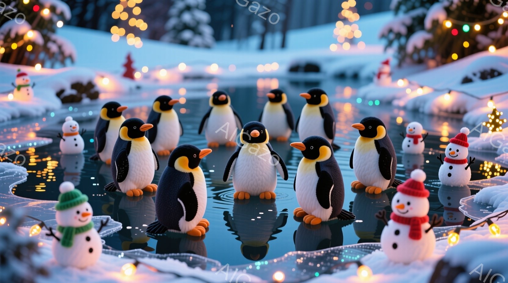 多数のペンギンが水面に浮かび、その姿を水面に映し出しています。周囲には雪景色が広がり、遠くにはぼんやりと木々が見え、カラフルなイルミネーションが輝いています。全体的に幻想的で冬の穏やかな雰囲気が漂っています。