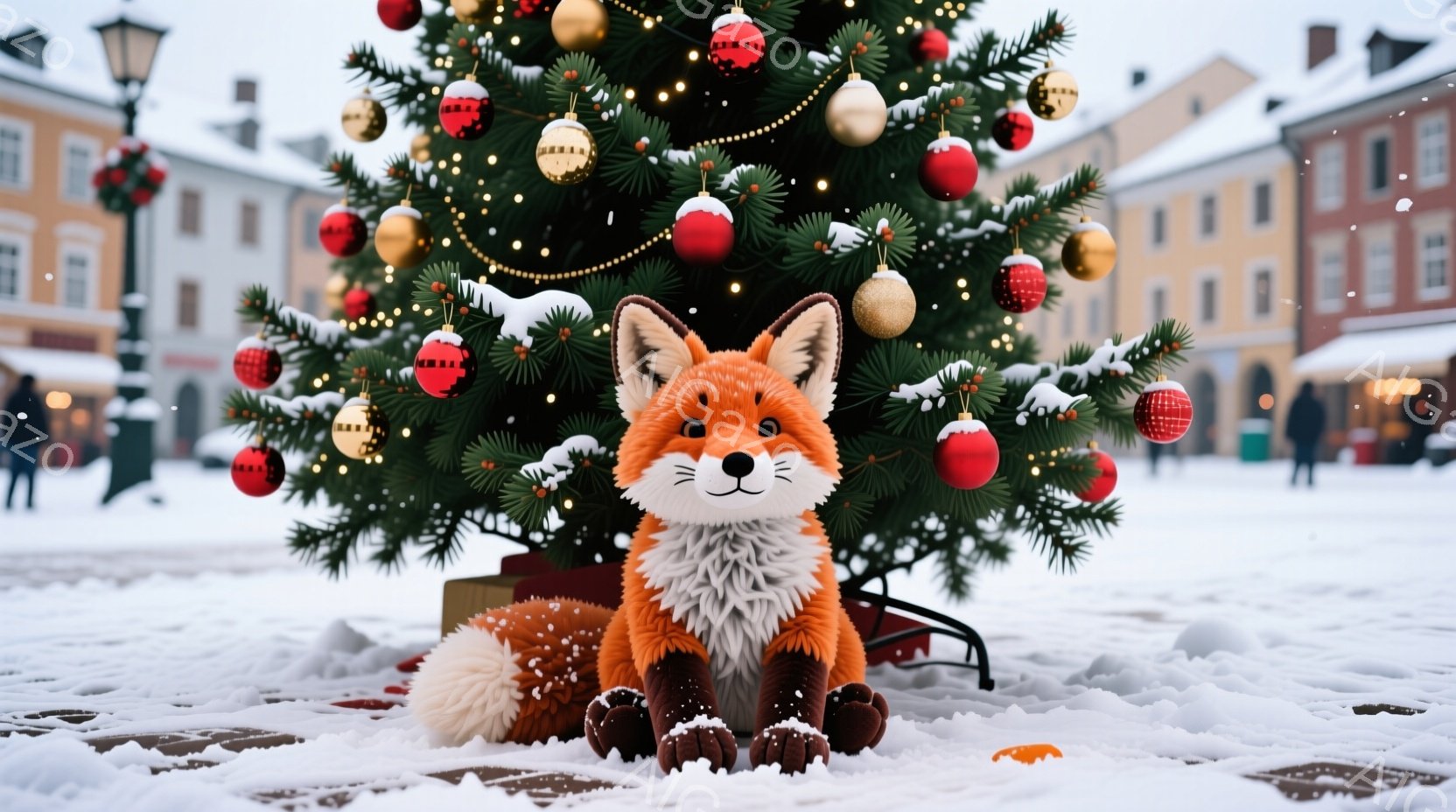 広場の中央に、クリスマスの飾り付けがされた大きなモミの木があり、その根元にふわふわのオレンジ色のキツネが座っています。雪が降り積もった石畳の広場と、背景に見える歴史的な建物が、冬の暖かく幻想的な雰囲気を醸し出しています。キツネは正面を向き、穏やかな表情で、クリスマスの祝祭の雰囲気に溶け込んでいます。
