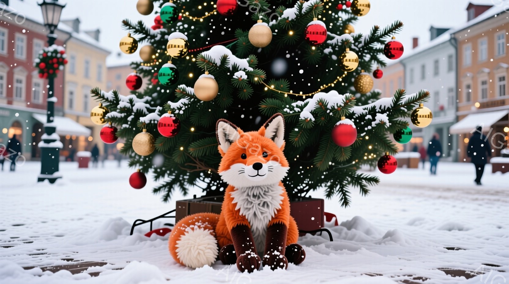 雪が降る広場の中央に、クリスマスの飾りが施された大きなモミの木が立っています。モミの木の根元には、オレンジ色の毛並みのキツネのぬいぐるみがお座りしており、クリスマスのプレゼントのような箱が置かれています。背景には、雪景色の中に建物が見え、温かい光が灯り、お祝いの雰囲気が漂っています。