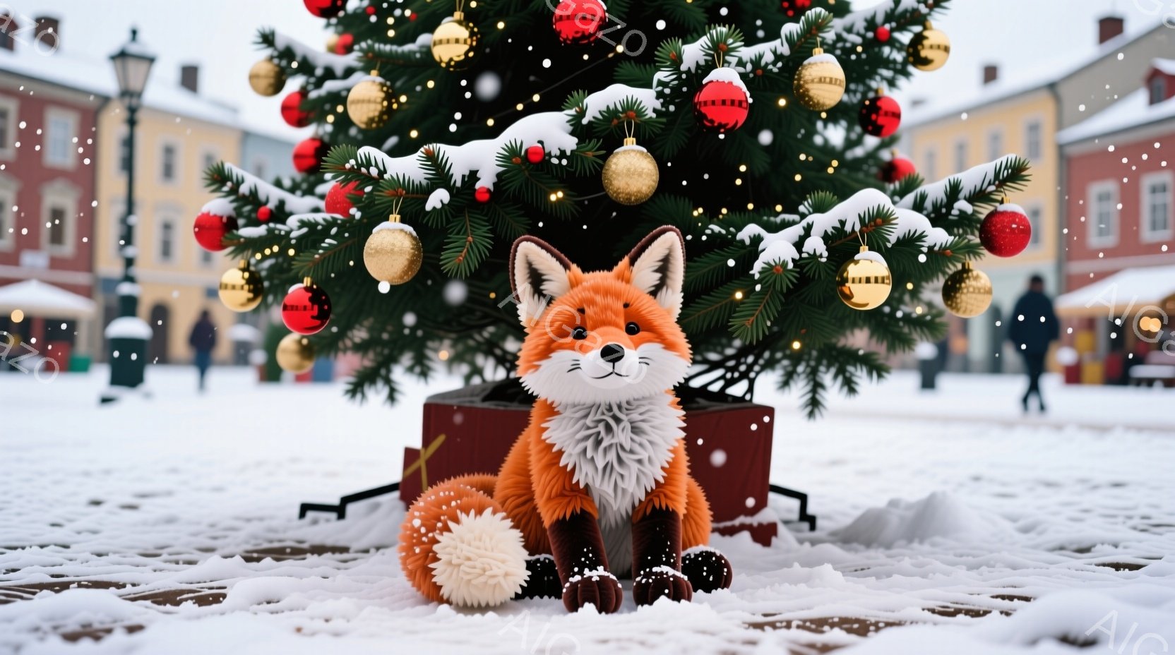 広場の中央に、赤いギフトボックスの上に座る、オレンジ色の毛並みのキツネのぬいぐるみがあります。背景には、飾り付けられたクリスマスツリーと、雪で覆われた建物が見え、雪が舞う冬の風景です。全体的に温かく、 - AI生成フリー素材
