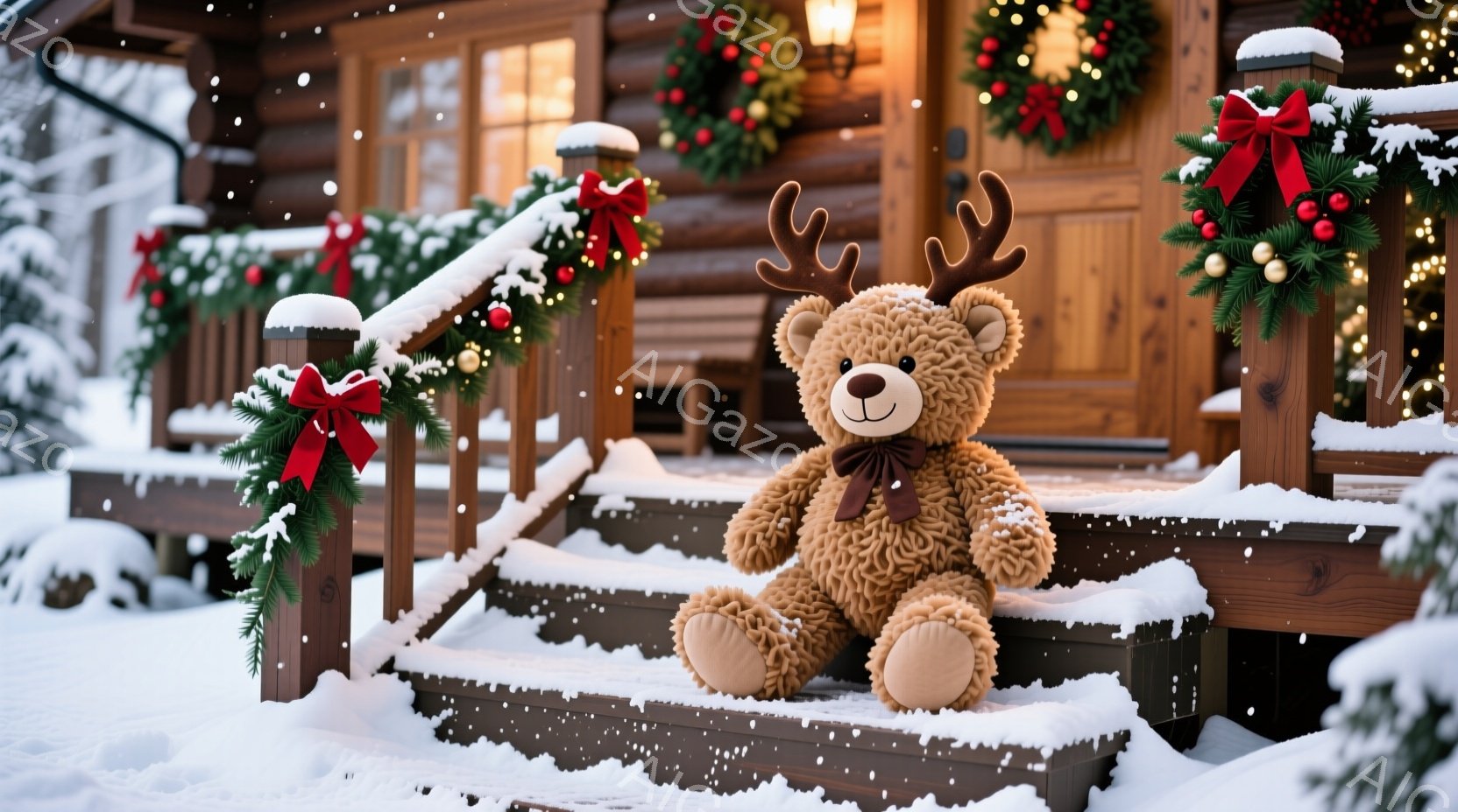 暖かい茶色のテディベアが、雪で覆われた木の階段に座っています。ベアは小さな赤いリボンと、頭には角のような飾りをつけており、優しい表情をしています。背景には、クリスマスリースと明かりが飾られたログハウス - AI生成フリー素材