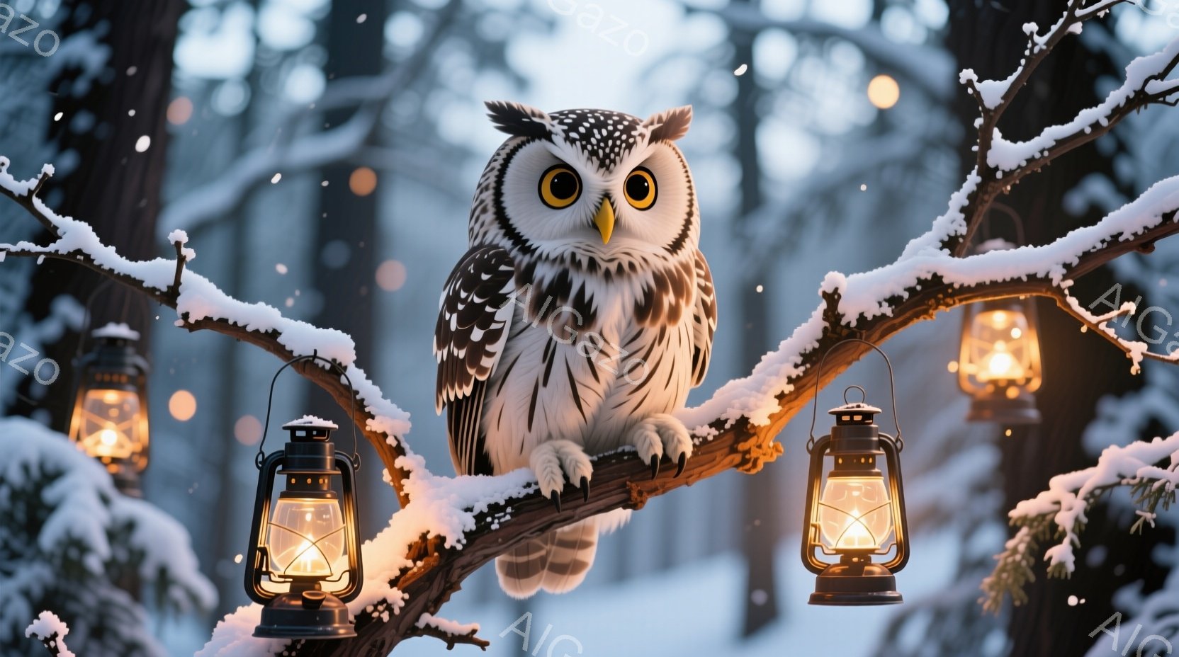 雪に覆われた木の枝に、美しい雪 owl（フクロウ）が止まっています。暖かく光るランタンが周りを照らし、冬の静寂と幻想的な雰囲気を醸し出しています。雪片が舞い散る背景と、フクロウの鋭い眼差しが、神秘的な冬の情景を作り出しています。