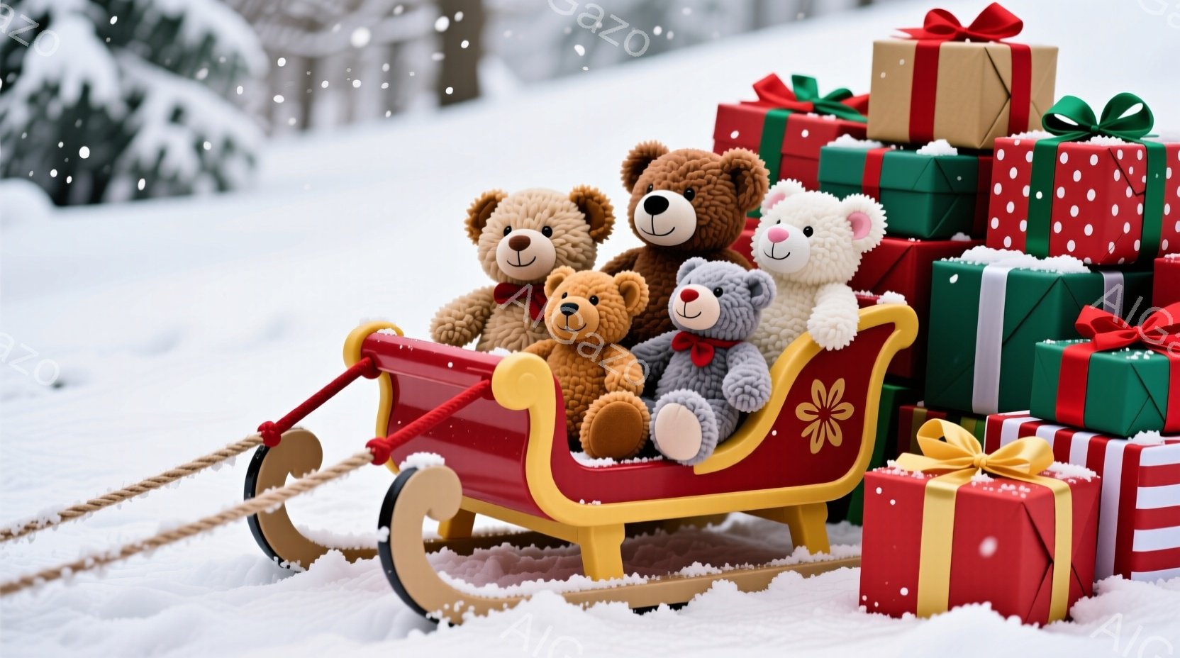 赤いそりに、茶色、ベージュ、グレーのテディベアが寄り添って座っています。背景には、リボンで飾られた様々な色のプレゼントの山が積まれ、雪が舞う冬の風景の中に置かれています。全体的に、温かく、お祝いムード - AI生成フリー素材