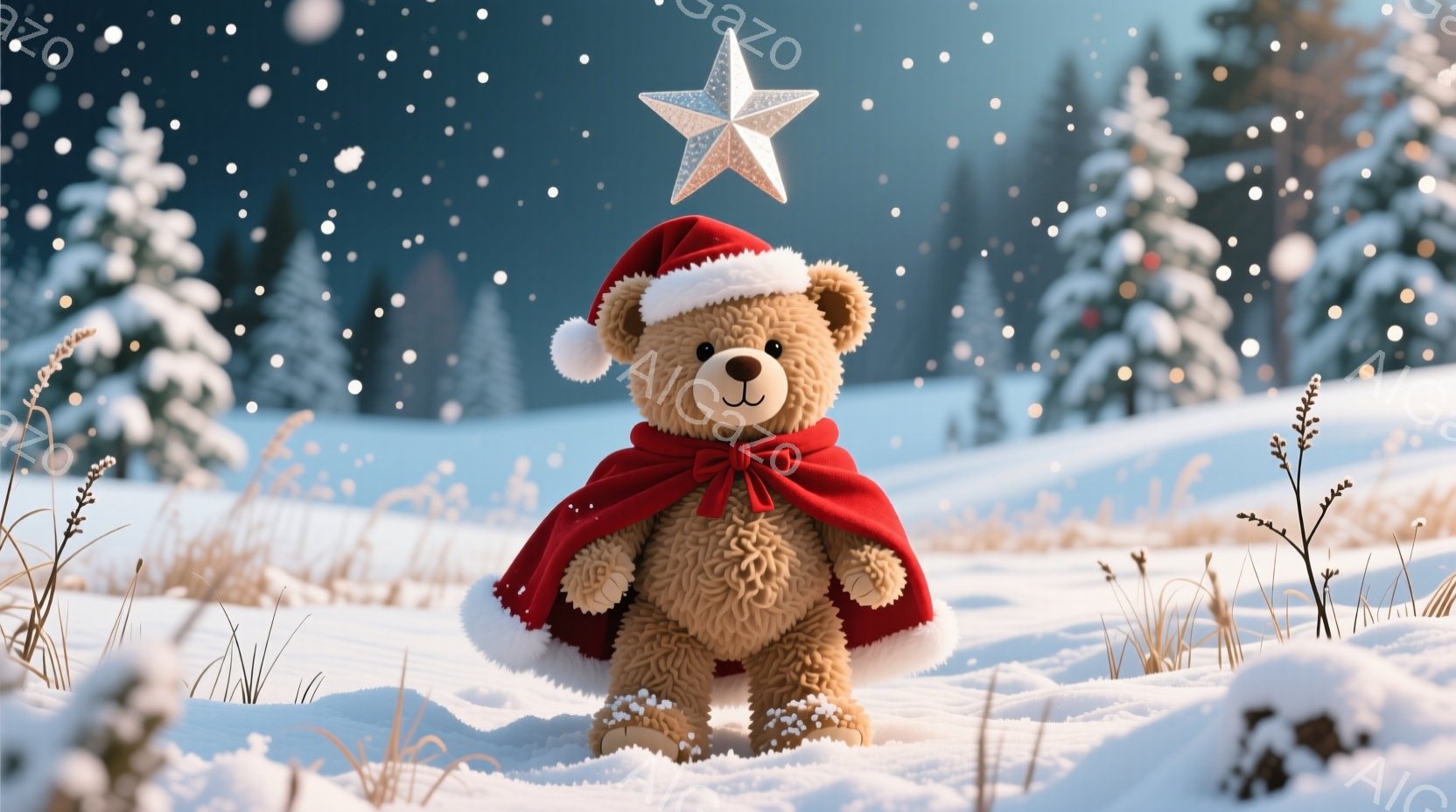 ふわふわの茶色のテディベアが、赤いサンタの帽子とマントを身につけて雪景色の中に立っている。表情は穏やかで、可愛らしい姿はクリスマスの温かい雰囲気を醸し出している。背景には雪に覆われた草木や遠くの木々が - AI生成フリー素材