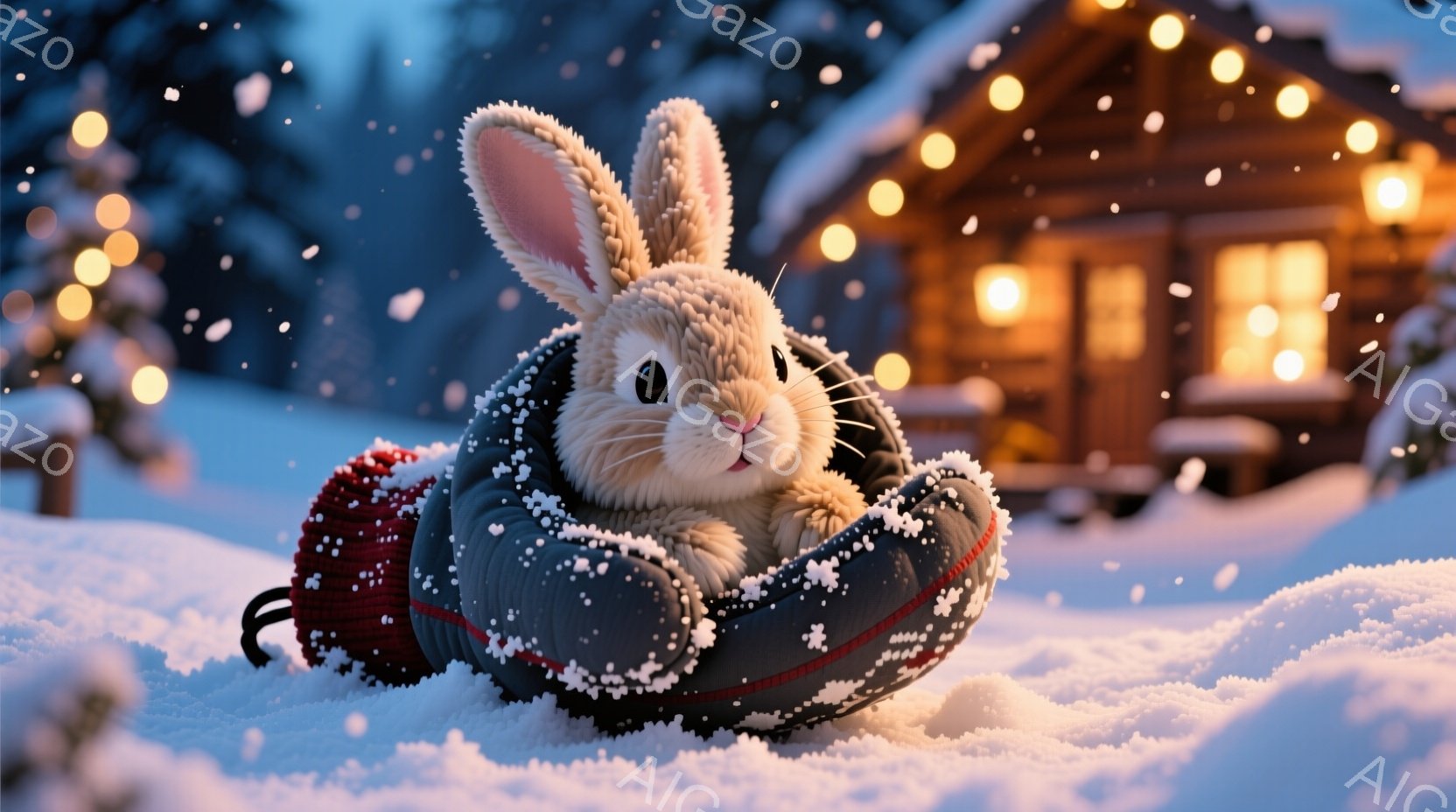 白い毛並みのウサギが、赤い縁取りの黒いチューブに座り、雪景色の中で微笑んでいます。背景には温かい光を放つログハウスと、煌めくクリスマスライトで飾られた木々が見え、雪が舞い散る冬の夜の穏やかな雰囲気を醸し出しています。ウサギは丸い耳を立て、可愛らしい表情で、まるで雪遊びを楽しんでいるかのようです。