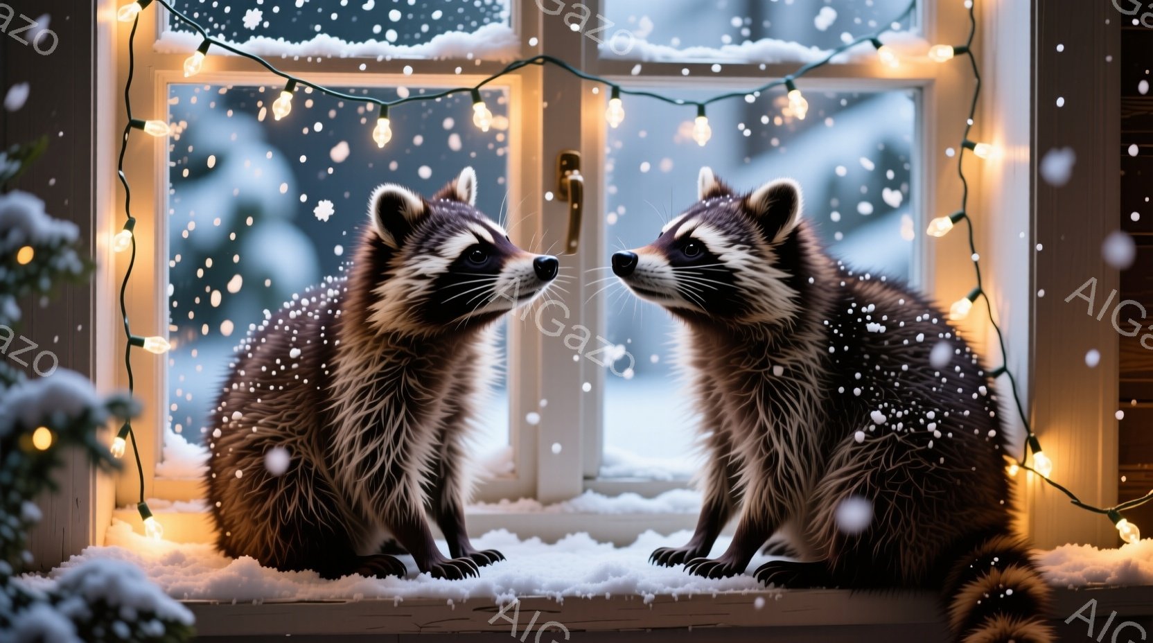 雪が降る窓辺に、二匹のアライグマが向かい合って座っています。ふっくらとした体には白い雪が積もり、可愛らしい顔には好奇心と少しの警戒が入り混じった表情が見られます。背景にはぼやけた光のイルミネーションが - AI生成フリー素材