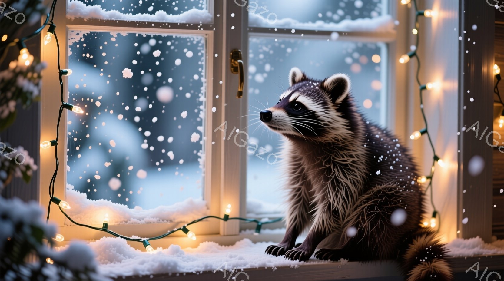 白い窓枠にアライグマが座っており、雪が降る外を見つめている。窓辺にはカラフルなイルミネーションが飾られ、クリスマスの雰囲気を醸し出している。外は雪景色で、アライグマの毛並みとイルミネーションの光が暖か - AI生成フリー素材