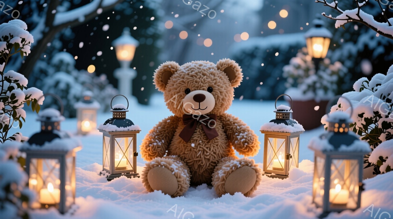 ふわふわの茶色のテディベアが雪の上に座っており、首には濃い茶色のリボンが結ばれています。ベアの周りには、温かい光を放つキャンドル入りのランタンがいくつか置かれており、背景には雪に覆われた木々やぼんやりとした街灯が見えます。全体的に、暖かく穏やかな冬の雰囲気の、おとぎ話のようなシーンです。