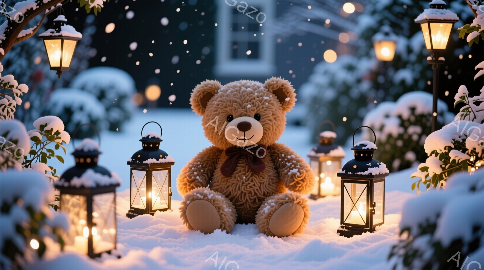 ふわふわの茶色のテディベアが雪の中に座っており、首には濃い茶色のリボンが付いています。背景には雪に覆われた木々や、温かい光を放つ複数のランタンがあり、ぼんやりと見える建物が冬の夜の静けさを演出していま - AI生成フリー素材