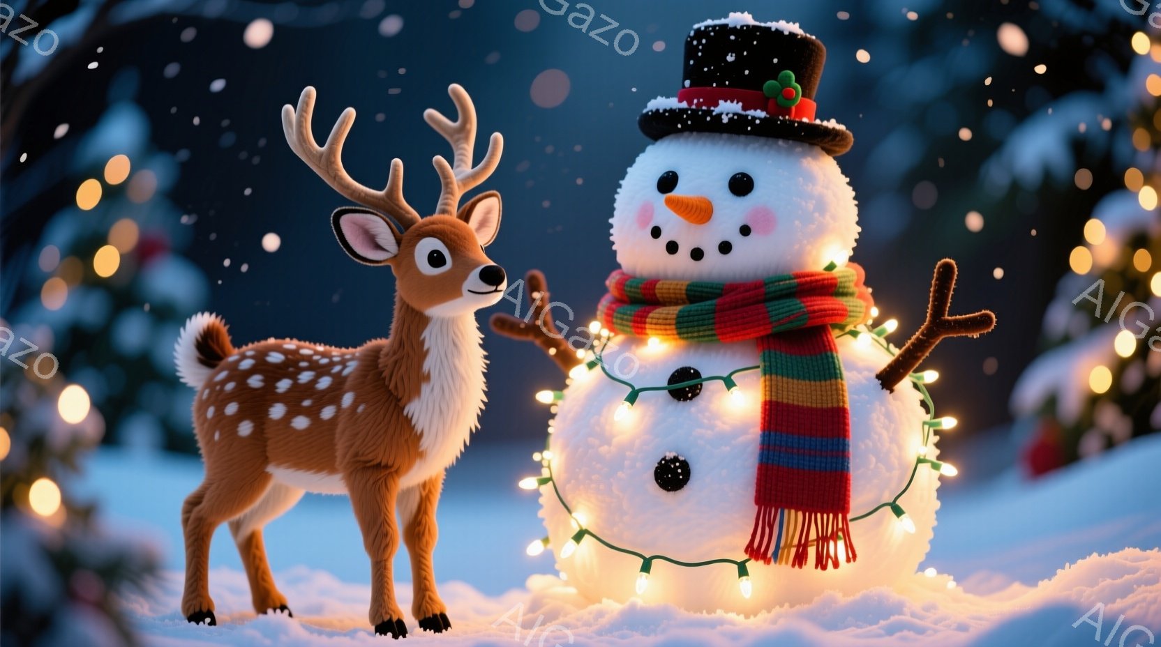 雪景色の中に、可愛らしい子鹿と雪だるまが並んでいます。雪だるまは赤いストライプの長いマフラーを巻き、頭にはつばのついた黒い帽子をかぶり、ボタンの目がついた笑顔を浮かべています。背景にはぼんやりと木々が見え、キラキラと光るイルミネーションが冬の温かい雰囲気を演出しています。