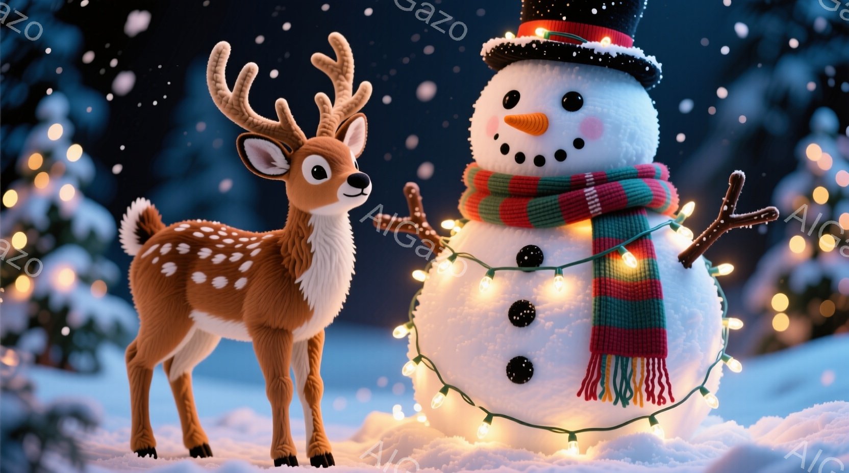 雪景色の中に、愛らしい子鹿と雪だるまが立っています。雪だるまは、つばきの赤いスカーフと、つばきの黒い帽子をかぶり、光る電球の飾りで彩られています。背景にはぼんやりとした木々と雪が舞う夜空が広がっており、温かく、お祝いムードに満ちた雰囲気です。
