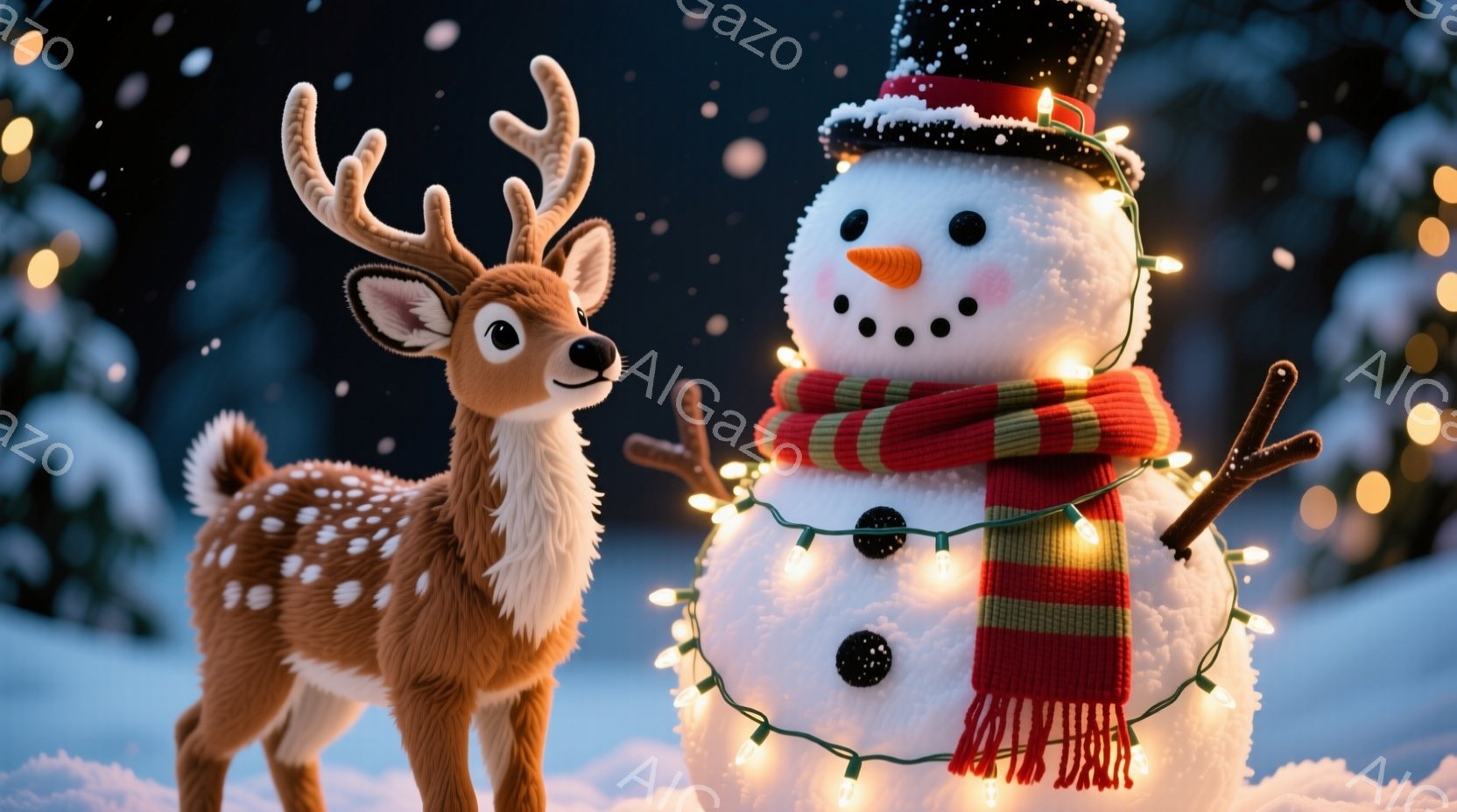 雪景色の中に、愛らしい子鹿と雪だるまが描かれています。子鹿は斑点模様があり、前足をわずかに上げて、穏やかな表情でこちらを見ています。雪だるまは、ニットの帽子とマフラーを身につけ、ライトで飾られ、にっこりと微笑んでいます。
