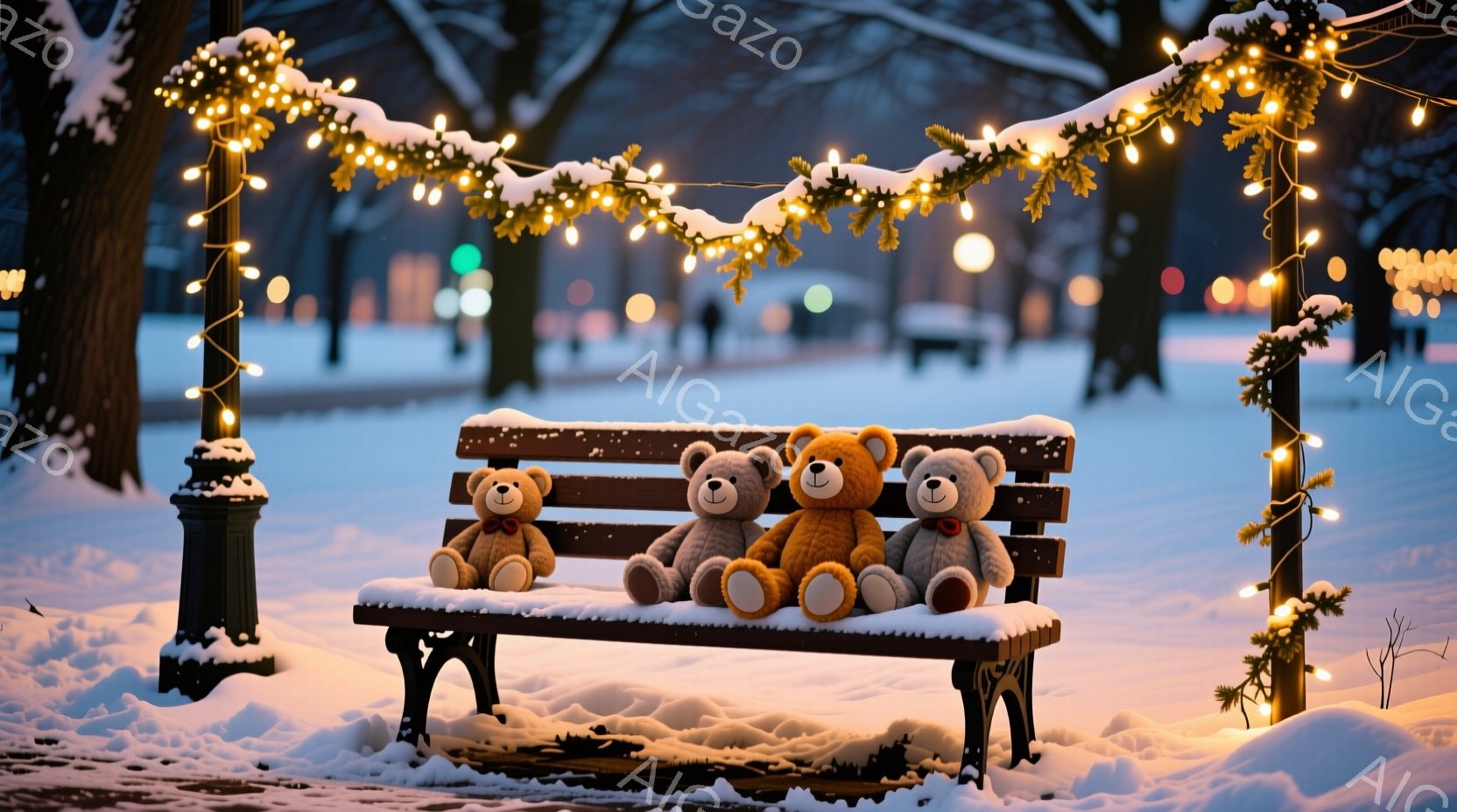 雪に覆われた公園のベンチに、三匹のテディベアが並んで座っている。ベンチとそれを囲む柱には、温かい光を放つイルミネーションが飾られ、冬の夜の穏やかな雰囲気を醸し出している。背景にはぼんやりと街灯が見え、雪景色の中でベンチが温かく光るスポットライトのように際立っている。