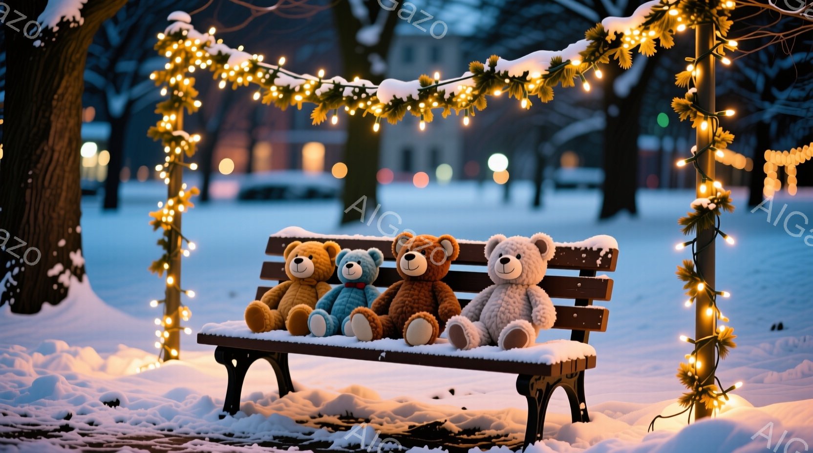 雪に覆われた公園のベンチに、四匹のテディベアが並んで座っています。ベンチと周囲の木々は、温かい光を放つクリスマスライトで飾られており、冬の静寂と温かい雰囲気を醸し出しています。背景にはぼんやりと建物が見え、雪景色が広がり、クリスマスの魔法のような雰囲気が漂っています。