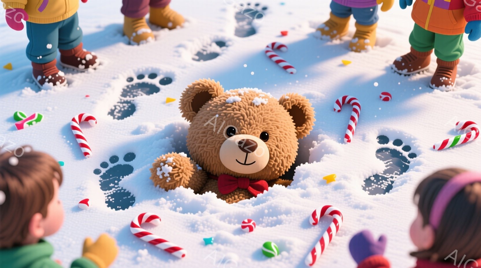 雪景色の中に、可愛らしい茶色のテディベアが埋もれている様子が描かれています。テディベアは赤いリボンをつけており、周りにはキャンディケーンやカラフルな飾り、そして子供達の足跡が散らばっています。全体的に暖かく、遊び心に満ちた冬の雰囲気が漂っています。