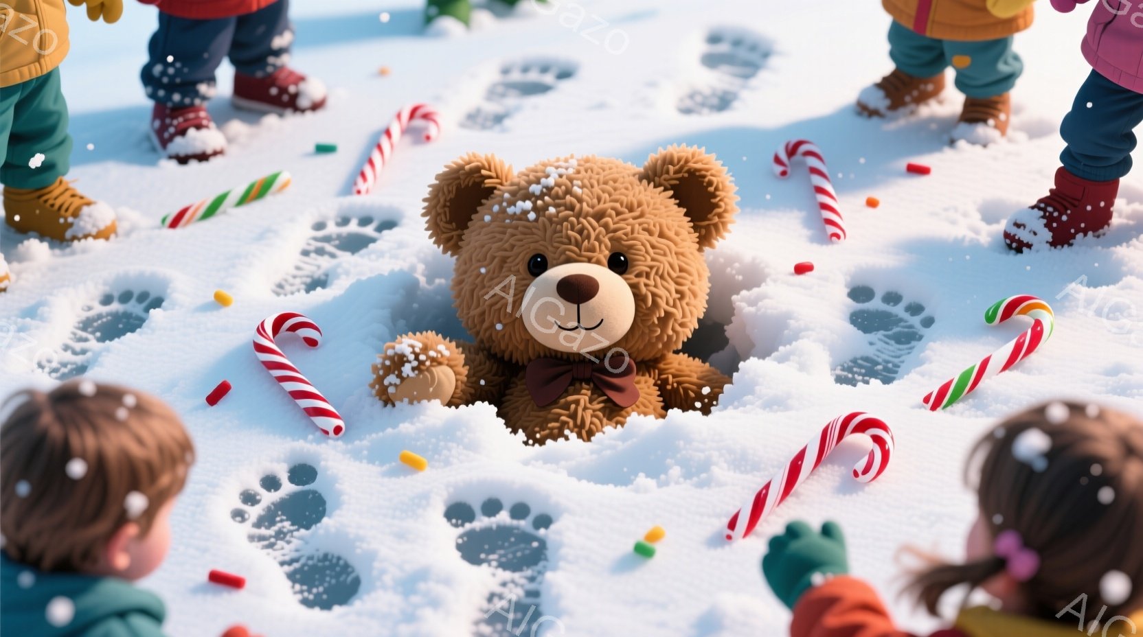 雪景色の中に、足跡とキャンディが散らばる中、茶色のテディベアが埋もれている様子が描かれている。子供たちの足と一部の髪の毛が見えることから、雪遊びの最中にテディベアが雪に埋まってしまった状況が想像できる。全体的に温かく、遊び心のある雰囲気が漂っている。