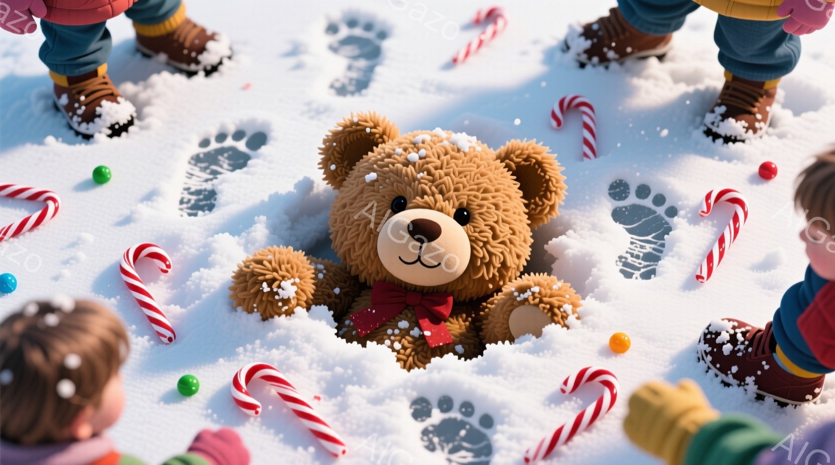 雪の上にテディベアが置かれ、周囲には足跡とキャンディケーンが散らばっている。テディベアは赤いリボンをつけており、周囲の雪景色の中に可愛らしく佇んでいる。足跡から、誰かが雪の中で遊んだ後であることがうかがえ、全体的に温かく、遊び心のある雰囲気が漂っている。