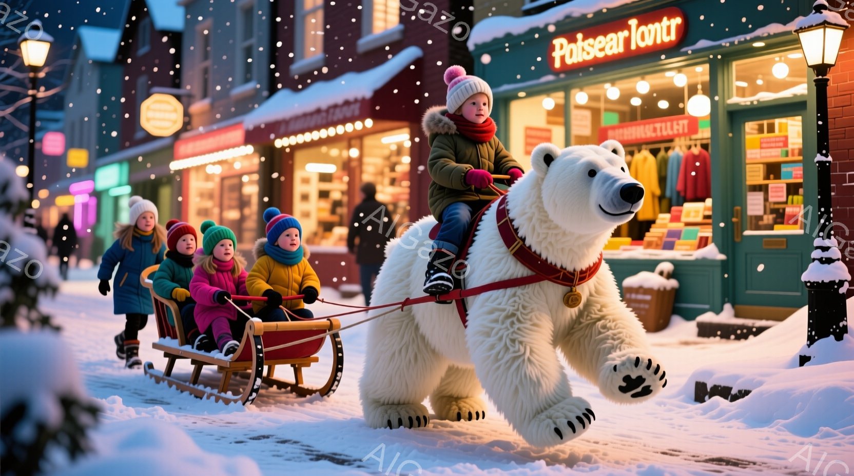 雪が降り積もる街並みで、子供たちが白くまが引くそりに乗って楽しんでいる様子が描かれています。子供たちはカラフルな冬の帽子やコートを着ており、興奮と喜びが表情から伝わってきます。背景には、クリスマスらし - AI生成フリー素材
