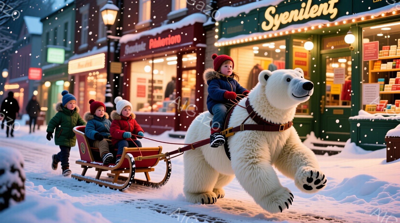 雪が降り積もる街並みを、大きな白熊がソリを引いて走っている。ソリには、帽子と暖かいコートを着た子供たちが乗り、嬉しそうにしている。背景には、温かい光が灯る建物や商店が並び、冬の暖かく幻想的な雰囲気が漂っている。