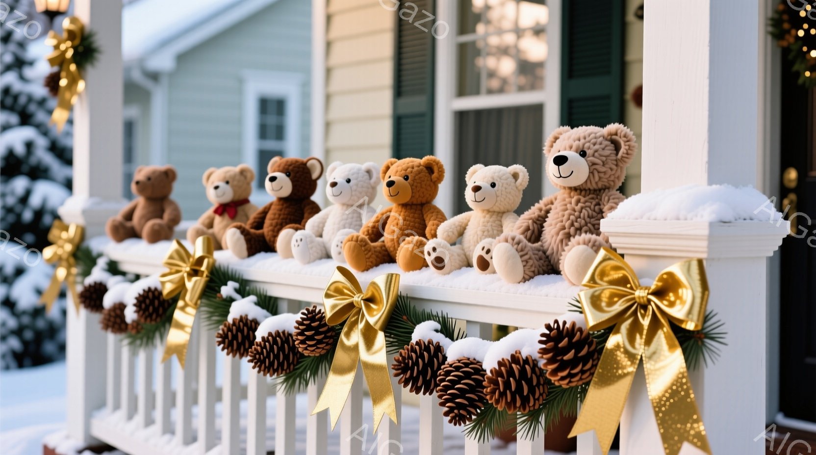 雪が降り積もった白い柵の上に、様々な色のテディベアが整然と並べられています。背景には、クリスマスツリーの飾りと松ぼっくりで飾られた緑のガーランドがあり、雪景色の中、温かみのある冬の雰囲気を醸し出しています。全体的に、可愛らしくてお祝いムード満載のクリスマスの装飾が印象的です。