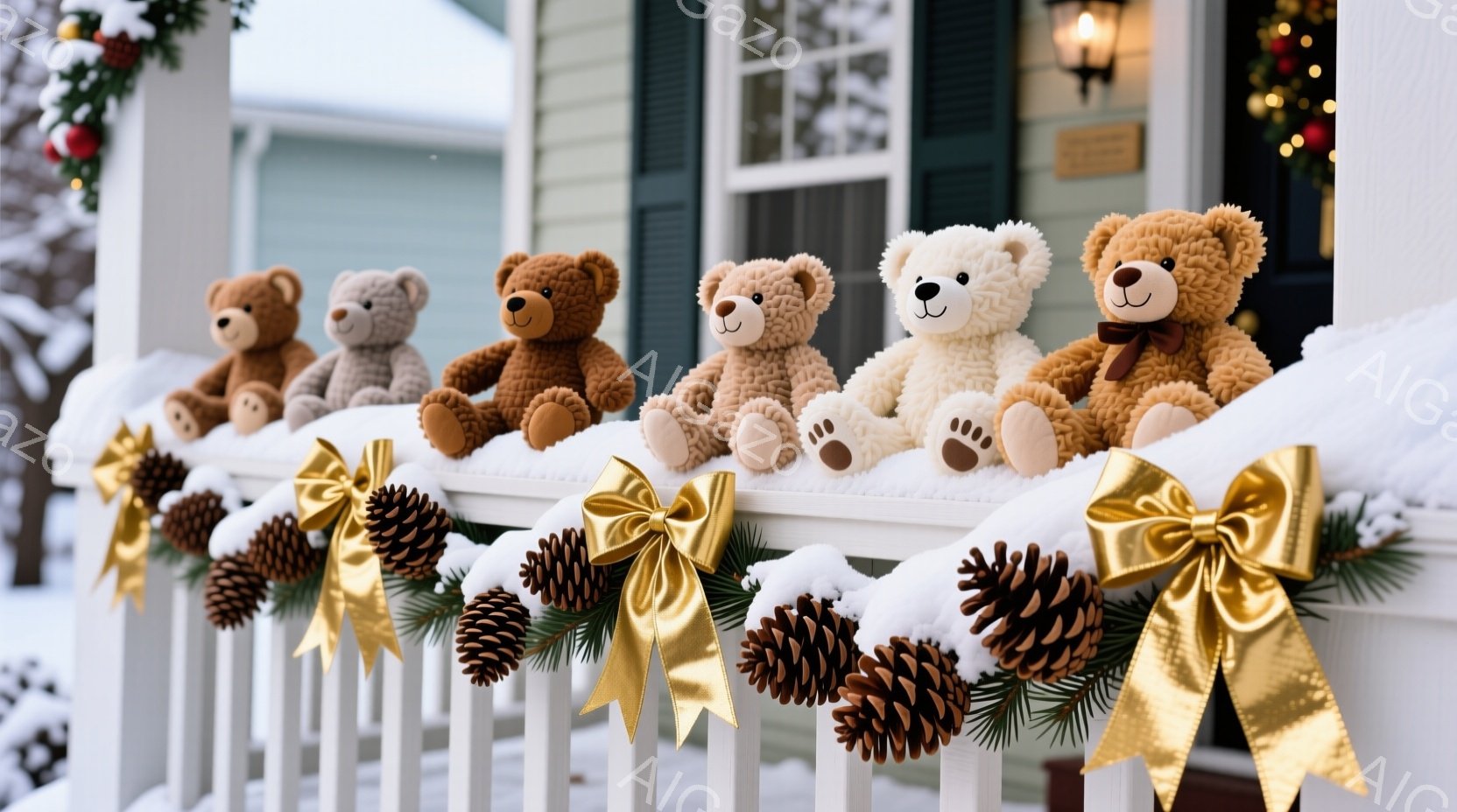 雪が降る白い手すりに、様々な色のテディベアが整列しています。手すりには、松ぼっくりと金色のリボンで飾られた装飾が施され、冬の暖かい雰囲気を演出しています。背景には、クリスマスツリーの飾り付けが見え、雪 - AI生成フリー素材