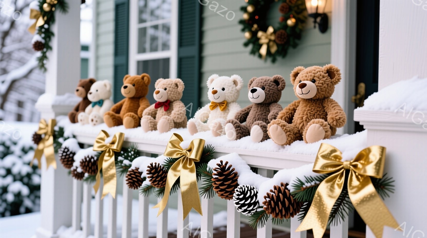 白い柵の上に、様々な色のテディベアが整列しています。背景には、クリスマスリースが飾られた緑色の家と雪景色が広がっており、冬の暖かい雰囲気を醸し出しています。柵には、松ぼっくりと金の弓で飾られたガーランドが飾られ、季節感と祝祭感を高めています。