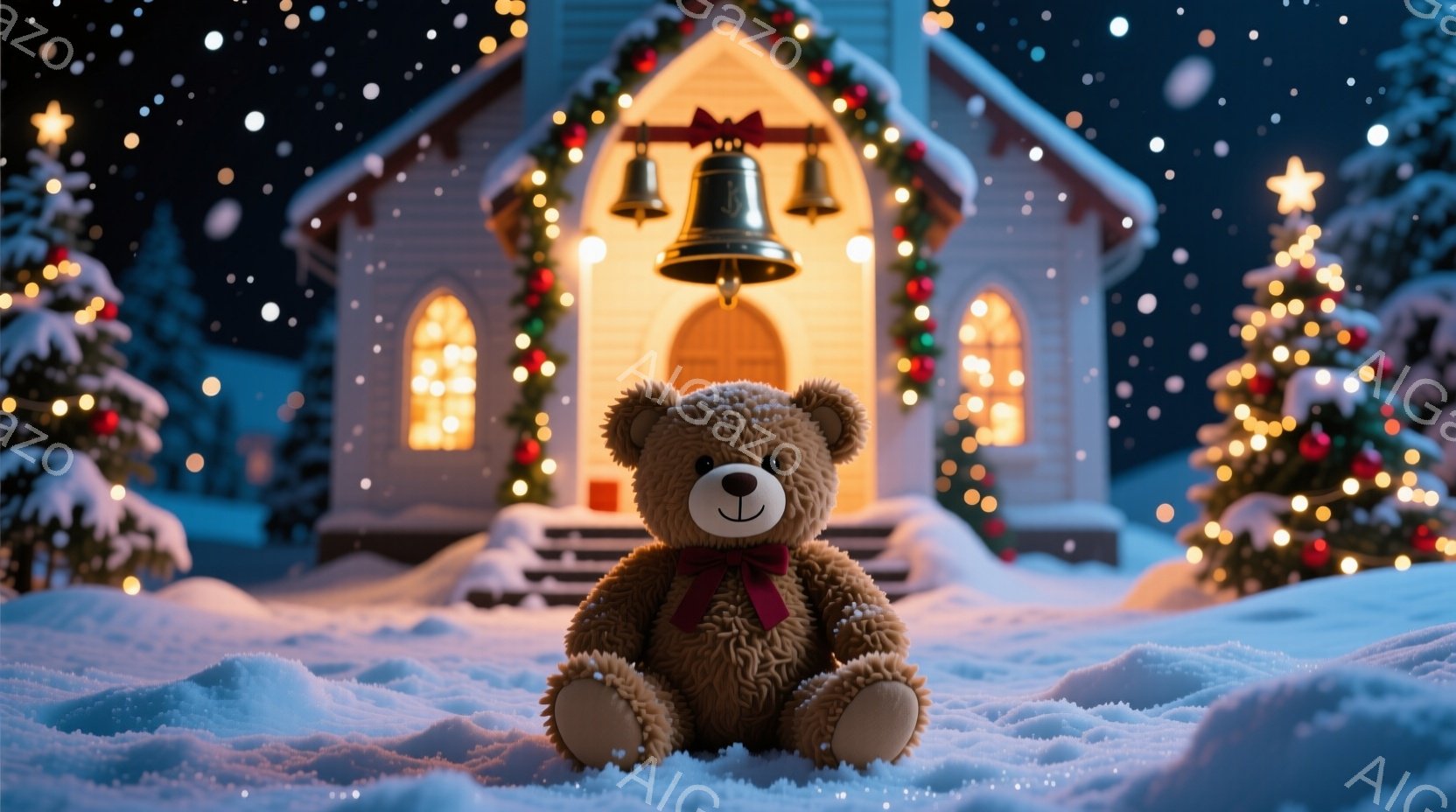 茶色のテディベアが雪景色の中に座っており、赤いリボンが首に結ばれています。背景には、輝くクリスマスツリーと、ライトアップされた教会の建物があり、雪が舞い散る夜の穏やかな雰囲気が漂っています。雪に覆われ - AI生成フリー素材