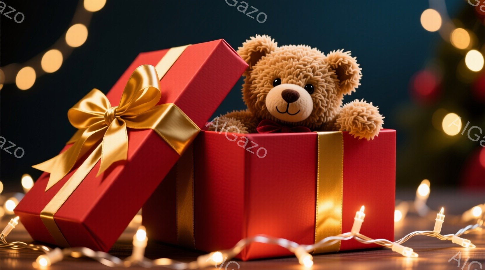 赤と白のストライプのギフトバッグの中に、四匹の子猫たちが入り込んでいます。子猫たちはそれぞれ異なる毛並みで、好奇心旺盛な表情でカメラを見つめています。背景は鮮やかな水色で、周りにはキャンディケーンが散らばっており、全体的に可愛らしく、温かい雰囲気を醸し出しています。