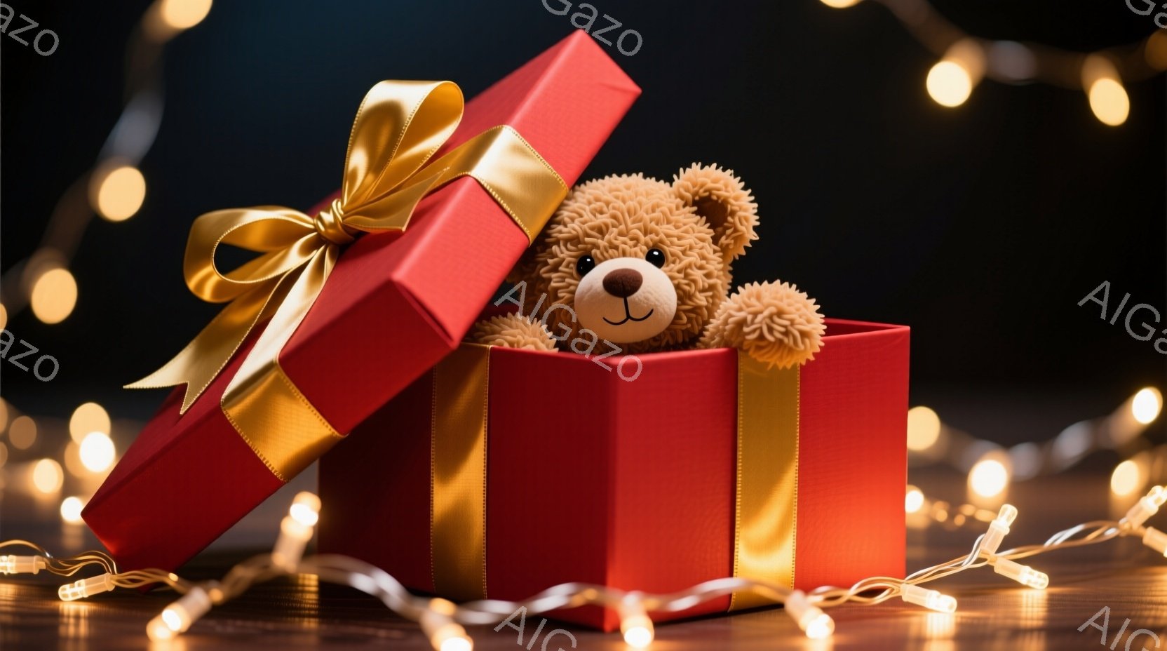 鮮やかな赤いギフトボックスの中に、ふわふわの茶色のテディベアがちょこんと座っています。ギフトボックスは金色のリボンで飾り付けられ、開いた状態でプレゼントの中身を見せています。背景にはぼんやりとした暖色 - AI生成フリー素材