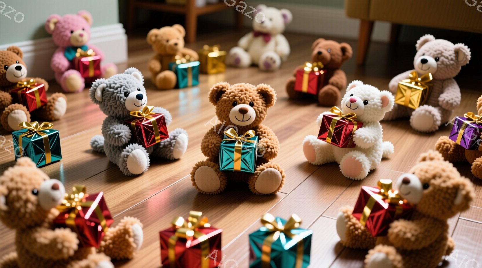 室内で、毛並みの良い茶色のテディベアが緑色のリボンで飾られたプレゼントを抱えています。背景には、カラフルな積み木や玩具が散らばり、床には明るい色の幾何学模様のラグが敷かれています。二人の幼い子供たちが床に座り、おもちゃで遊んでいる様子が見え、温かく、遊び心あふれる家庭的な雰囲気が漂っています。