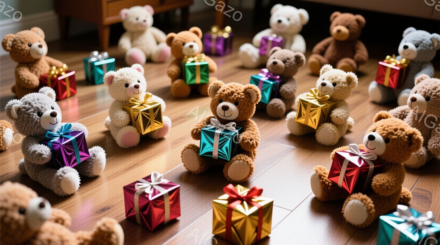 多くのテディベアが木製の床の上に座っており、それぞれがカラフルなリボンで結ばれたギフトボックスを抱えています。ベアは様々な毛色をしており、愛らしい表情でギフトボックスを見つめています。背景はぼやけており、温かく居心地の良い雰囲気が漂っています。