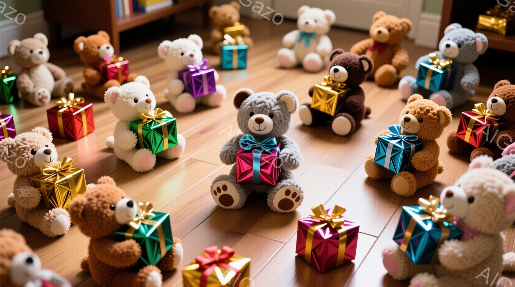 鮮やかな色のラグの上に座ったふわふわのテディベアが、緑と赤のギフトボックスを抱えています。背景には、カラフルなおもちゃと、床に座って遊んでいる幼い子供たちが二人います。全体的に、暖かく、遊び心のある、家庭的な雰囲気が漂っています。