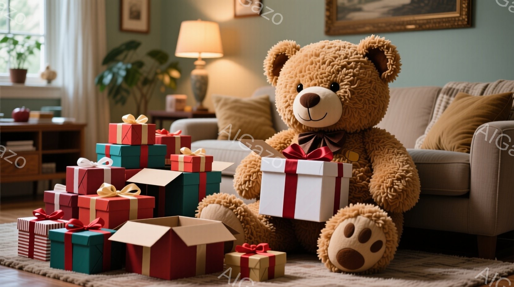 大きな茶色のテディベアが、プレゼントの山に囲まれて座っています。プレゼントは赤と緑の包装紙で飾られ、いくつかの箱は開いて中身が見えています。背景には、快適なソファと、植物や絵画が飾られた明るいリビングルームが見えます。