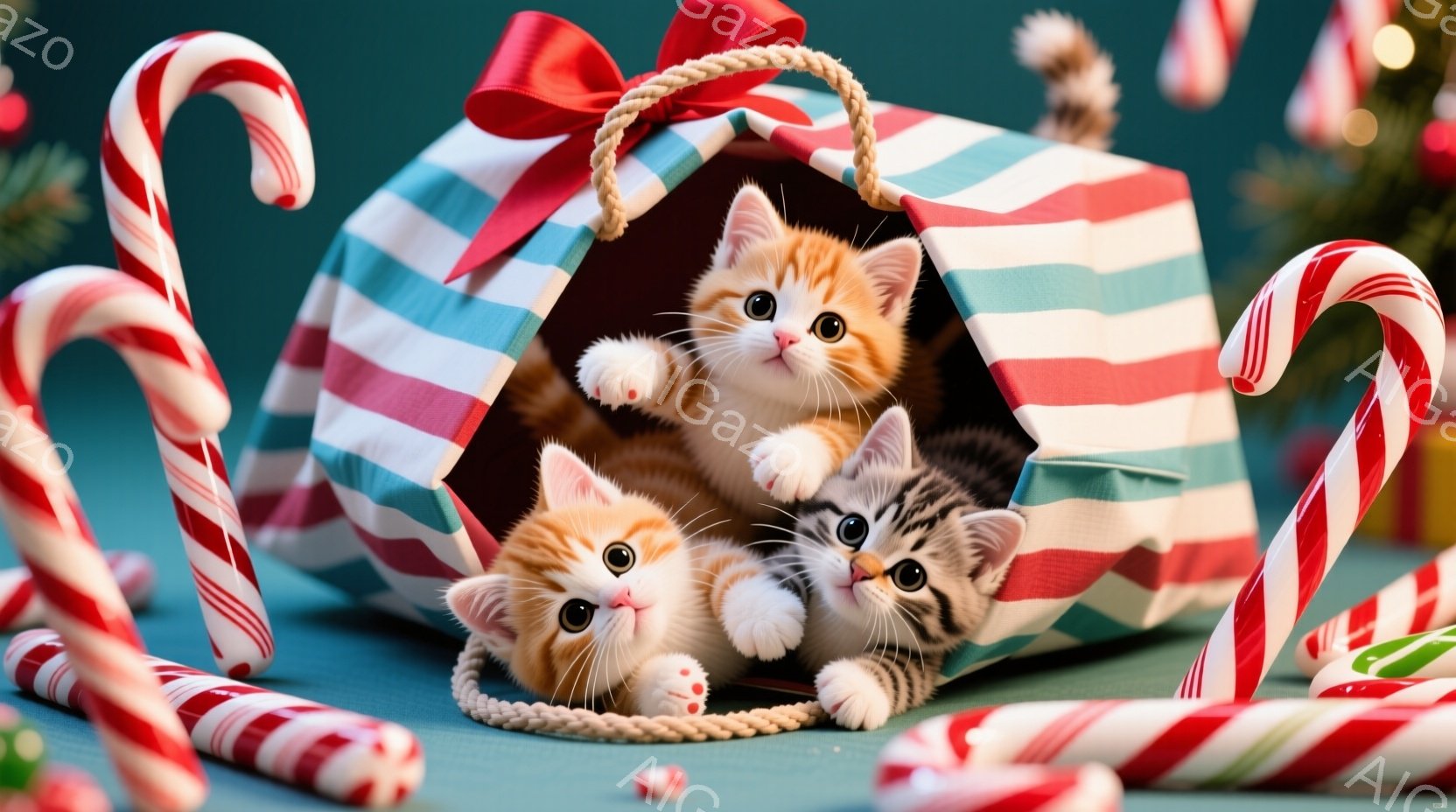 カラフルなストライプ模様のギフトバッグの中に、オレンジとグレーの縞模様の小さな子猫が2匹入っています。オレンジ色の猫はバッグの縁から顔を出し、前足を伸ばして遊んでいるような仕草をしています。バッグの周りには、赤いキャンディケーンが散らばり、クリスマスの華やかな雰囲気を演出しています。