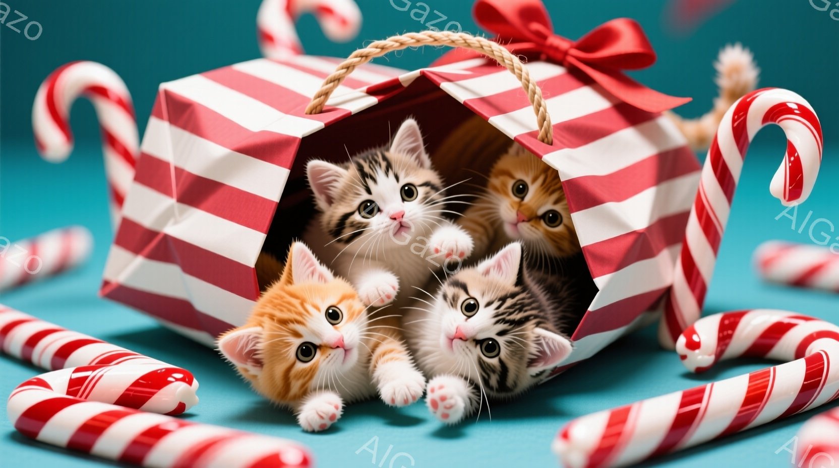 縞模様とオレンジ色の4匹の子猫が、赤い縞模様のギフトバッグの中に身を寄せ合って座っています。子猫たちはそれぞれ異なる表情でカメラを見つめ、前足を出して可愛らしいポーズをとっています。背景は明るい水色で、周りには赤と白のキャンディケーンが散らばり、全体的に暖かく、お祝いの雰囲気を醸し出しています。