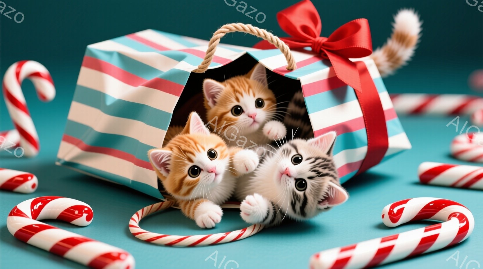 鮮やかな水色の背景に、プレゼント包装のような箱から三匹の小さな子猫が顔を出しています。オレンジ色の毛並みの猫が一番上、その下に同じくオレンジ色の猫、一番下には縞模様の猫がいます。箱は赤いリボンで結ばれており、周りには赤と白のキャンディケーンが散りばめられて、クリスマスの雰囲気が漂っています。