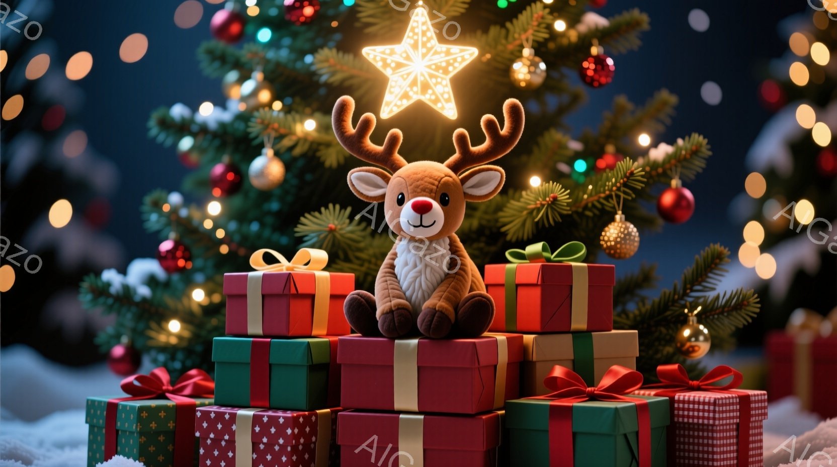 ぬいぐるみのような茶色のトナカイが、赤と緑のプレゼントの山の上に座っています。背景には、オーナメントで飾られたクリスマスツリーがあり、キラキラと輝く星がツリーの頂上を照らしています。全体的に暖かく、お - AI生成フリー素材
