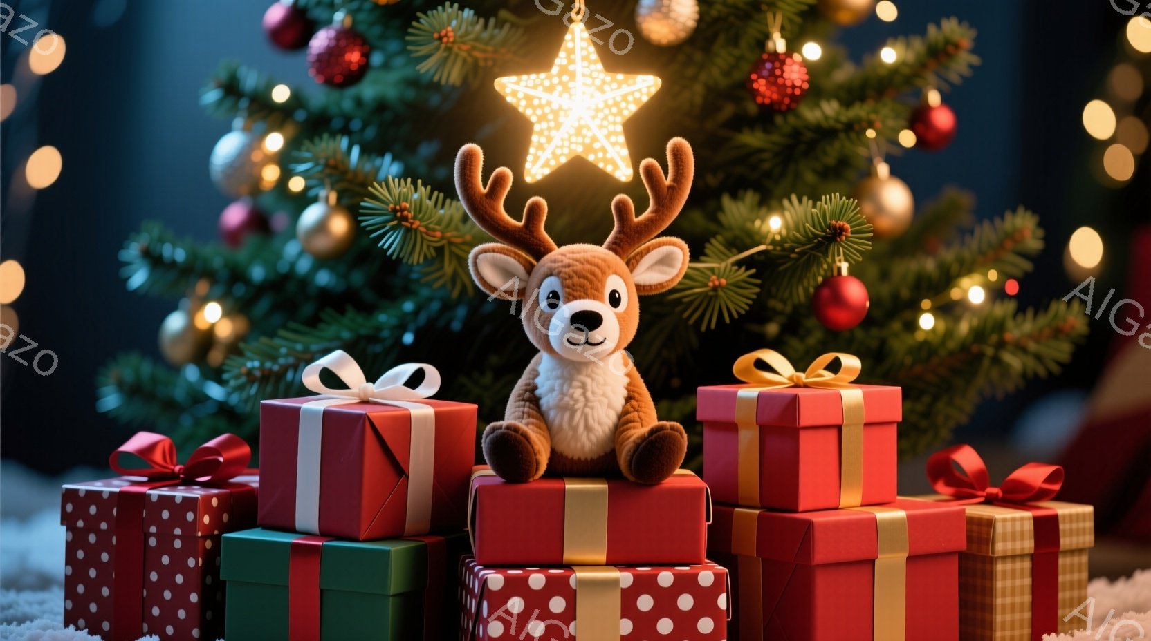 クリスマスツリーの前には、赤いリボンで飾られた緑、赤、金色のプレゼントの山が積まれており、その一番上に愛らしいトナカイのぬいぐるみがあります。トナカイは正面を向いており、つぶらな瞳でこちらを見ており、 - AI生成フリー素材