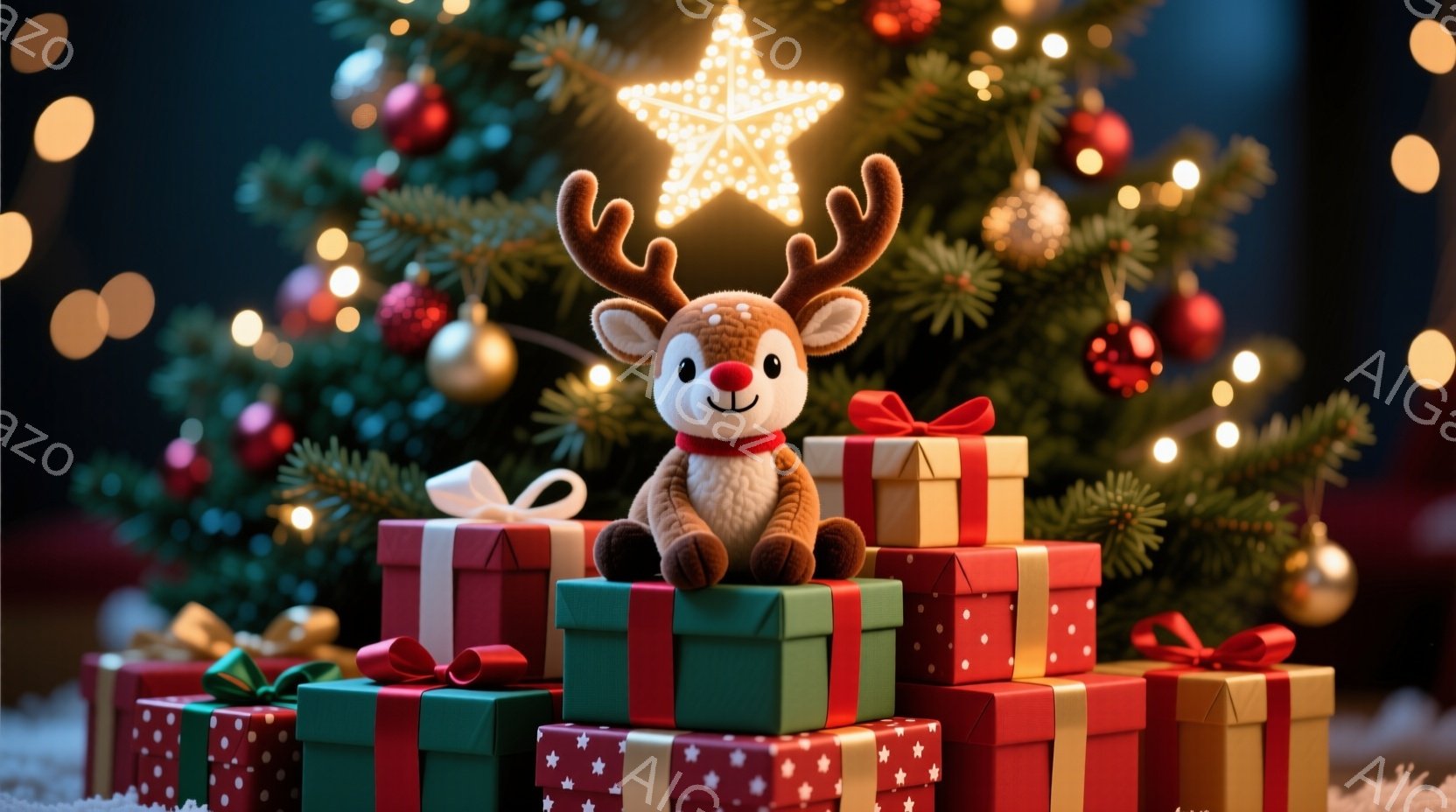 暖炉の前に積み上げられたプレゼントの上に乗った、愛らしいトナカイのぬいぐるみがいます。背景には、オーナメントと輝く星で飾られたクリスマスツリーがあり、全体的に暖かく、お祝いの雰囲気が漂っています。プレ - AI生成フリー素材