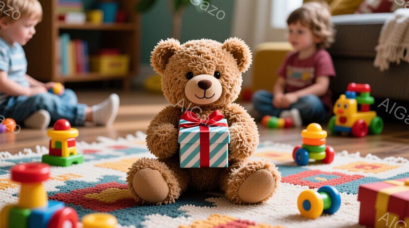 柔らかい茶色のテディベアが、緑色のリボンで結ばれたプレゼントを抱えています。ベアの周りにはカラフルな積み木や車のおもちゃが散らばっており、背景には座っている子供たちが二人見えます。室内は明るく、おもち - AI生成フリー素材